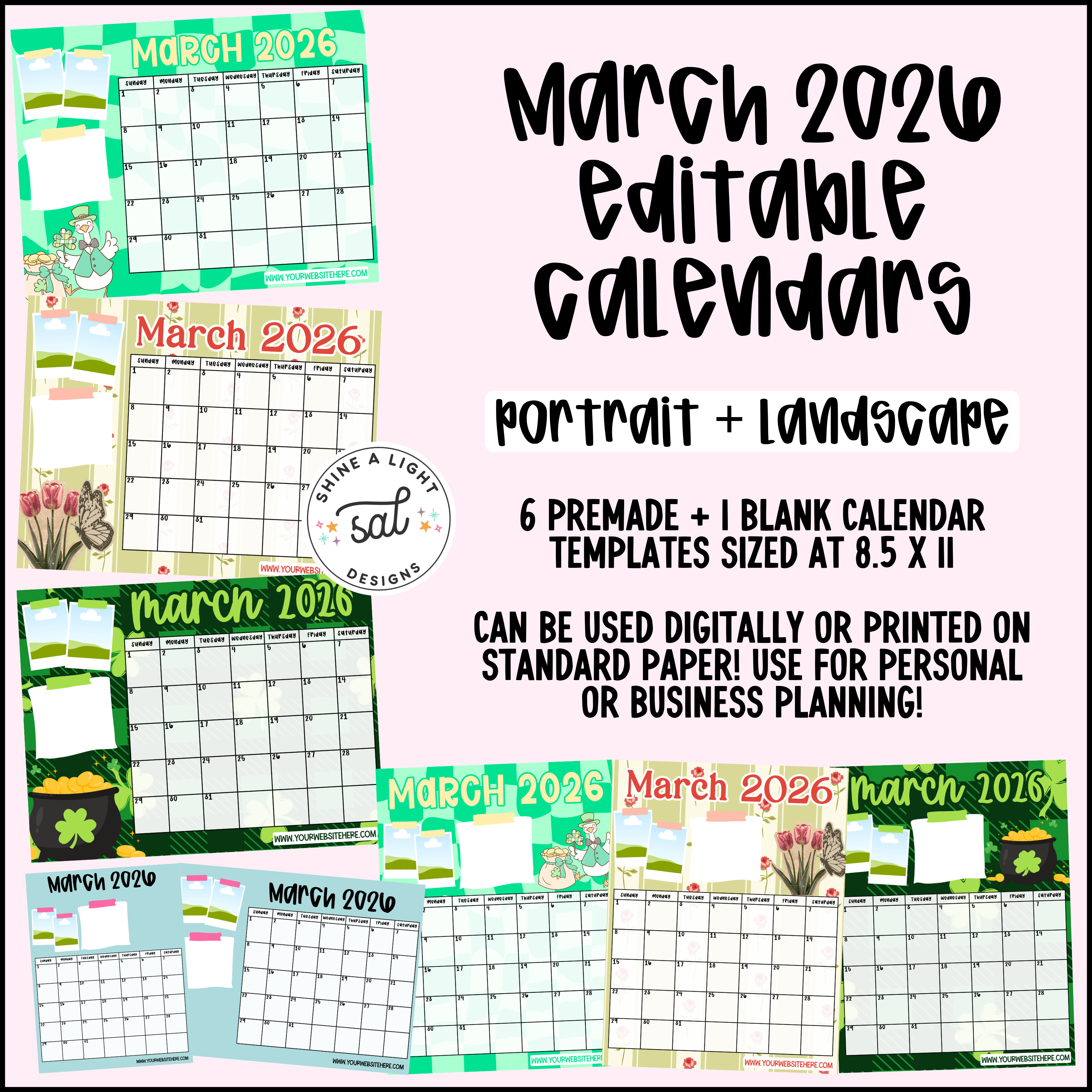 March 2026 Editable Calendars – Shine A Light Graphic Design