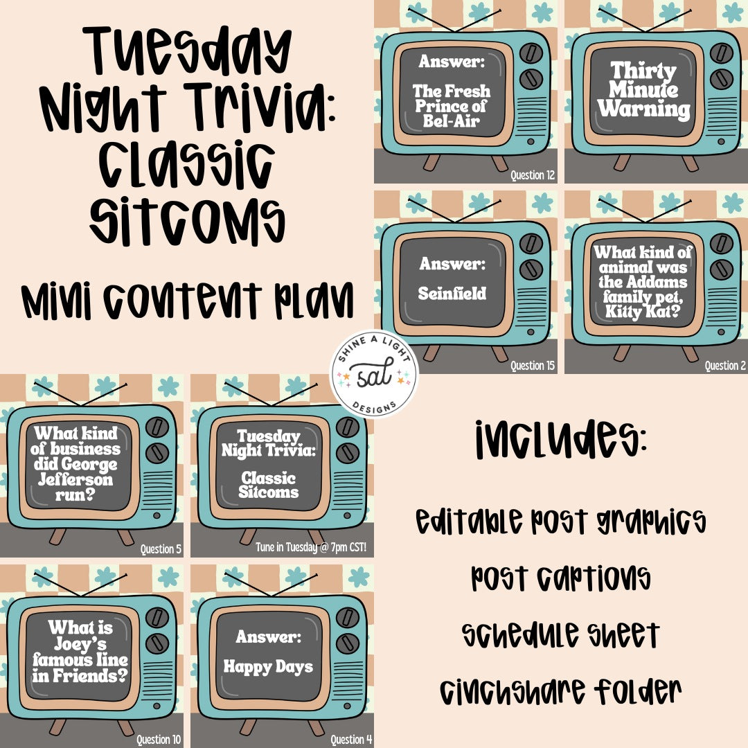 Tuesday Night Trivia: Classic Sitcoms 2025 Content Plan - Graphics, Schedule + Verbiage for Any Small Business!