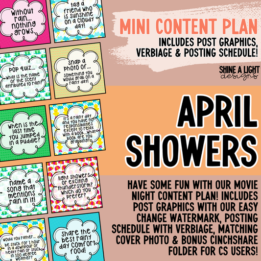 April Showers 2025 Content Plan - Graphics, Schedule + Verbiage for Any Small Business!