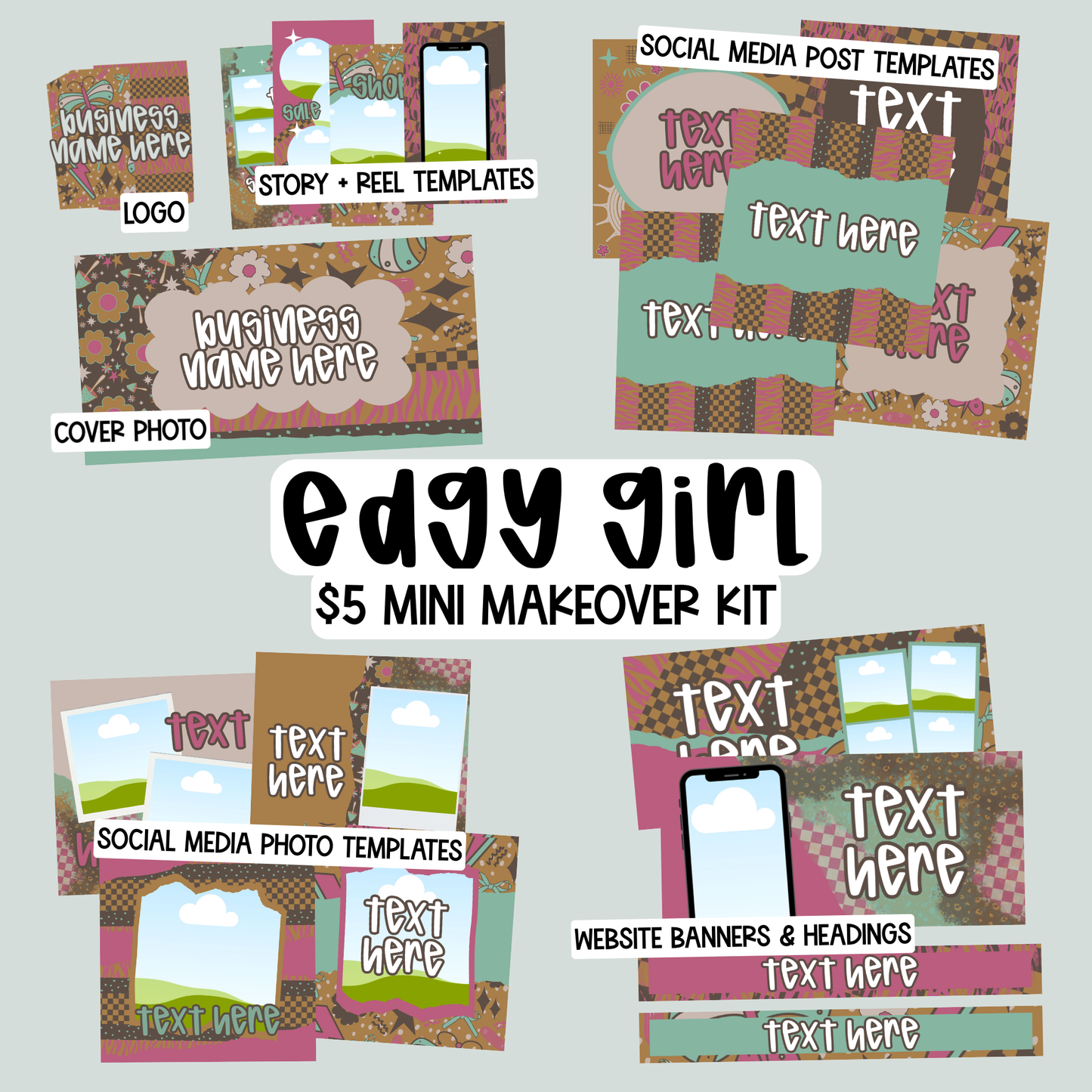 Edgy Girl $5 Mini Makeover Kit | Logo, Social Media Posts, Product Posts, Story / Reel Templates, FB Cover, Website Banners + Headings | Brand Templates (Copy)
