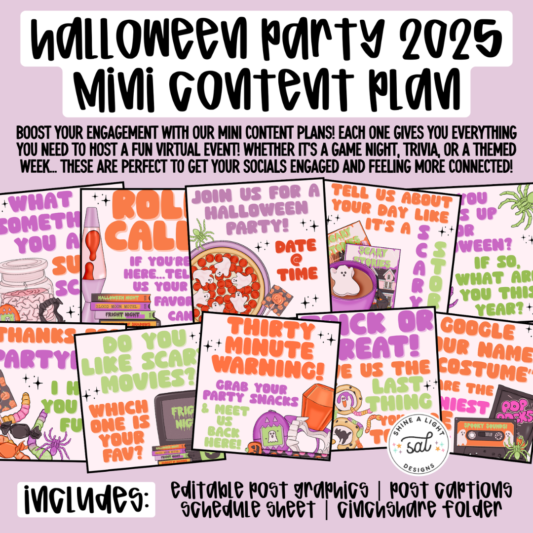 Halloween Party 2025 Content Plan - Graphics, Schedule + Verbiage for Any Small Business!