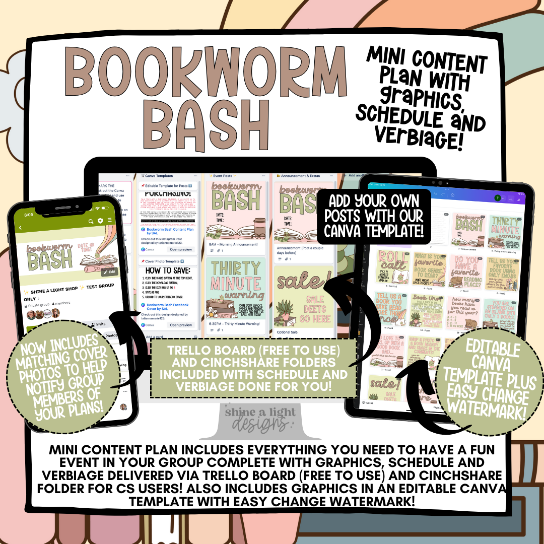 Bookworm Bash Content Plan - Graphics, Schedule + Verbiage for Any Small Business!
