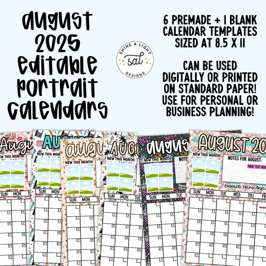 August 2025 Portrait Calendar Templates