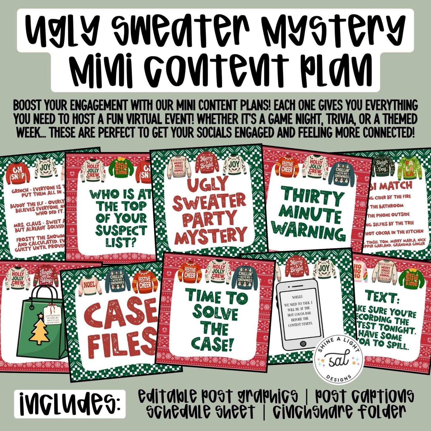 2025 Ugly Sweater Mystery Mini Content Plan - Graphics, Schedule + Verbiage for Any Small Business!