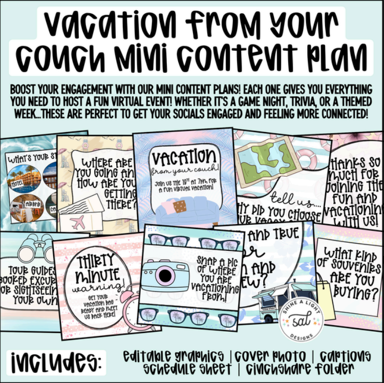 Vacation From My Couch Mini Content Plan - Graphics, Schedule + Verbiage for Any Small Business!