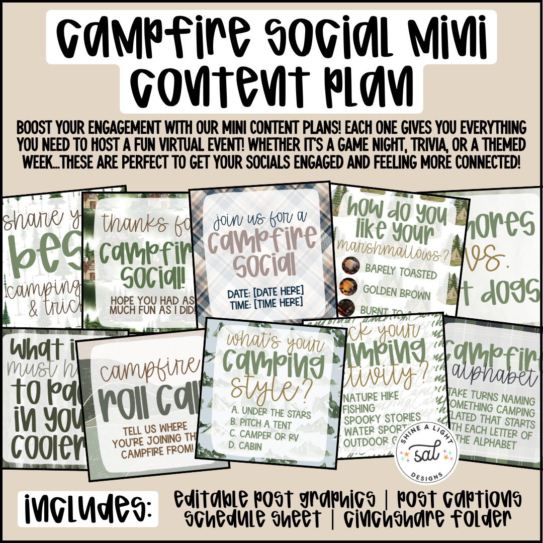 Campfire Social Mini Content Plan - Graphics, Schedule + Verbiage for Any Small Business!
