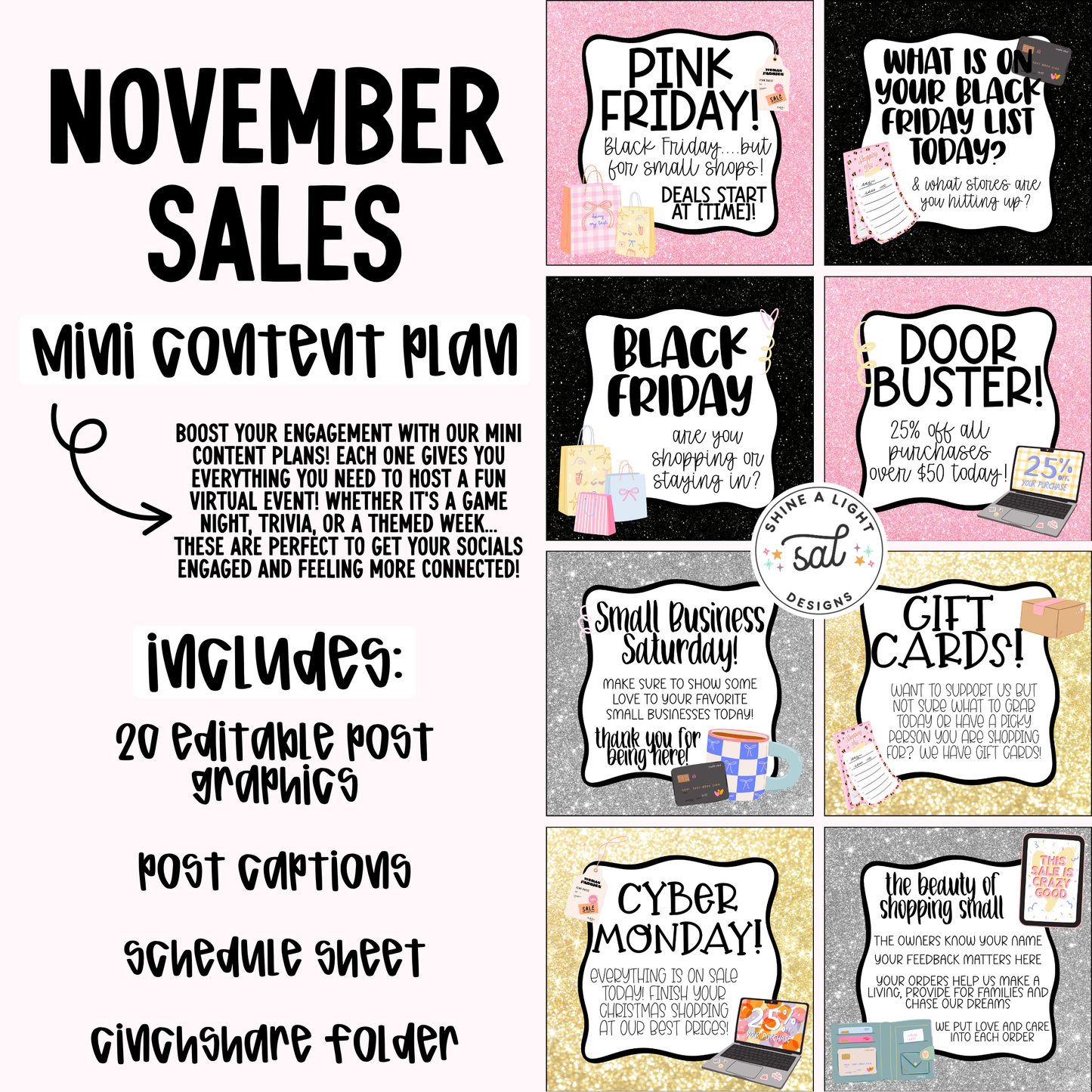 November Sales Content Plan - Graphics, Schedule + Verbiage for Any Small Business! Pink Friday, Black Friday, Small Business Saturday, Cyber Monday!