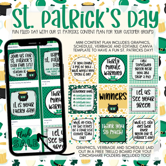St. Patrick’s Day content plan - Graphics, Schedule + Verbiage for Any Small Business!