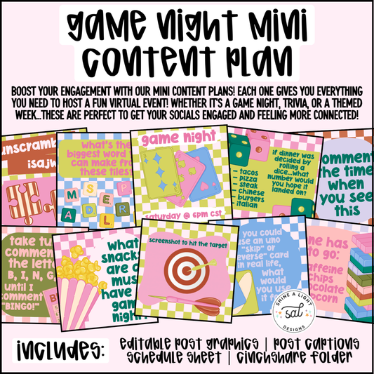 Game Night Mini Content Plan - Graphics, Schedule + Verbiage for Any Small Business!
