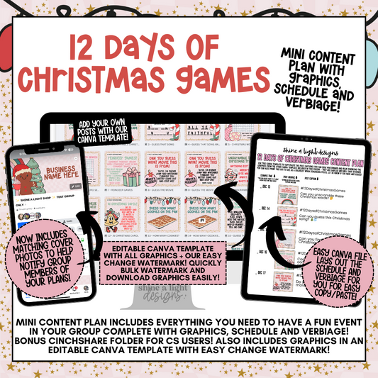 12 Days of Christmas Games Content Plan 2024- Graphics, Schedule + Verbiage for Any Small Business!