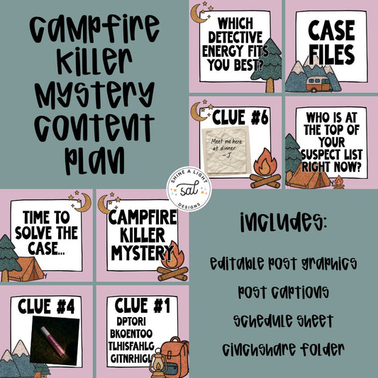 Campfire Killer Mystery 2025 Content Plan - Graphics, Schedule + Verbiage for Any Small Business!