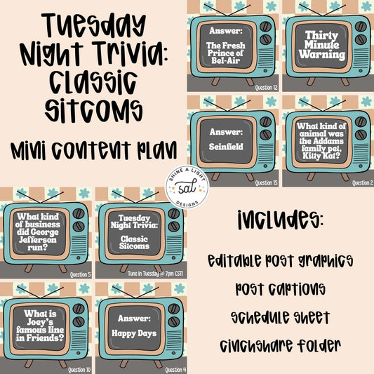 Tuesday Night Trivia: Classic Sitcoms 2025 Content Plan - Graphics, Schedule + Verbiage for Any Small Business!