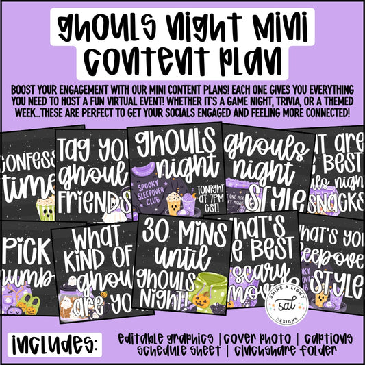 Ghouls Night Mini Content Plan - Graphics, Schedule + Verbiage for Any Small Business!