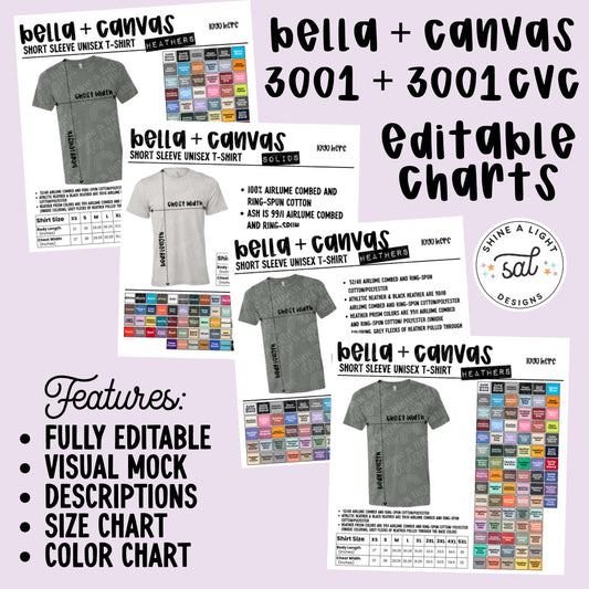 Bella + Canvas 3001/3001CVC Color/Size Chart Templates