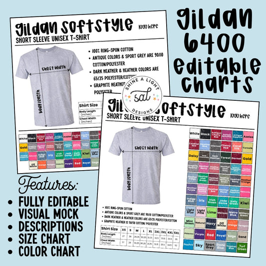 Gildan 6400 Color/Size Chart Templates