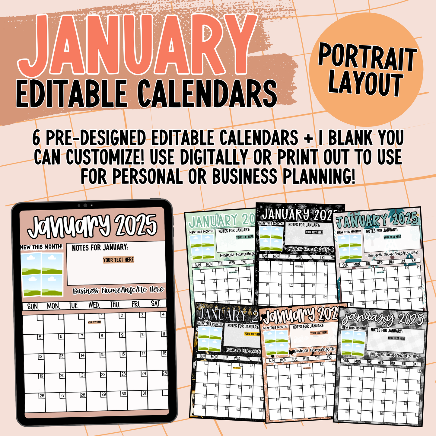 January 2025 Editable Portrait Calendars