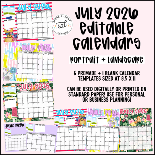 July 2026 Editable Calendars
