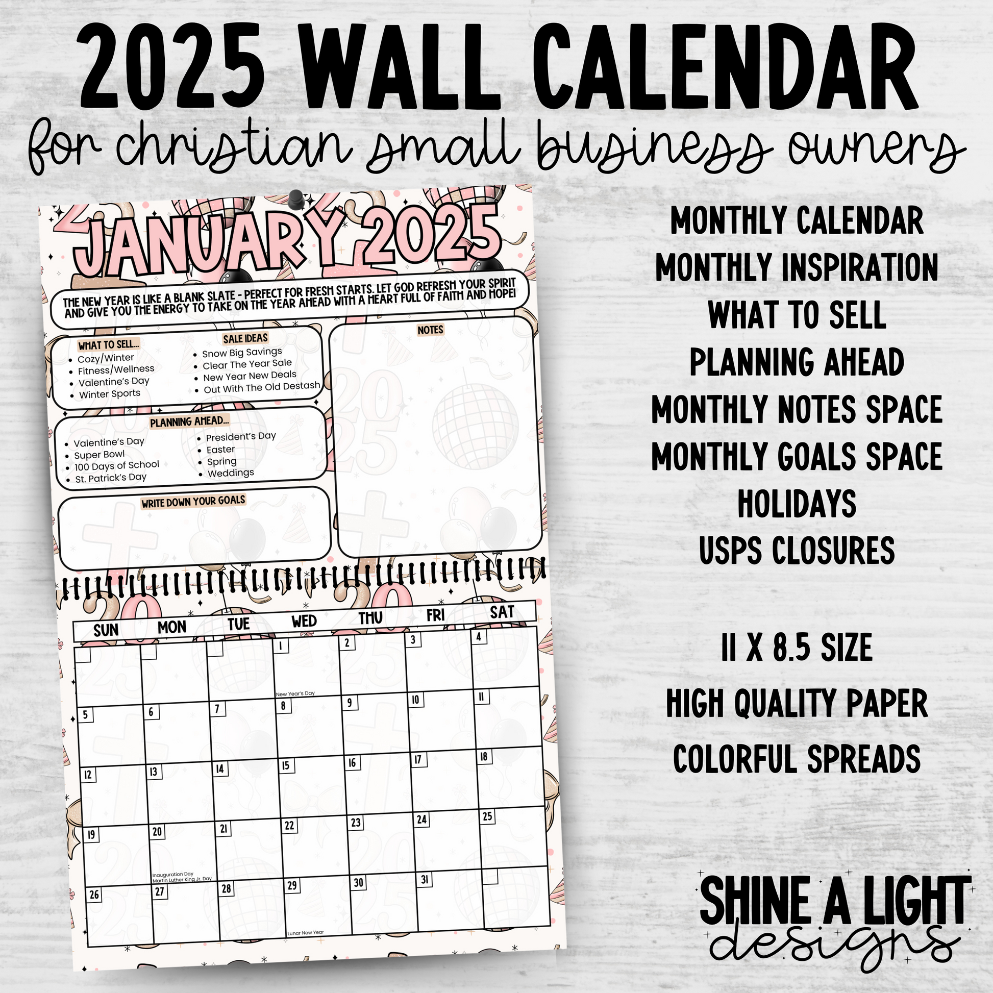2025 Christian Small Business Wall Calendar Shine A Light Graphic Design Christian Calendar 2025 Design