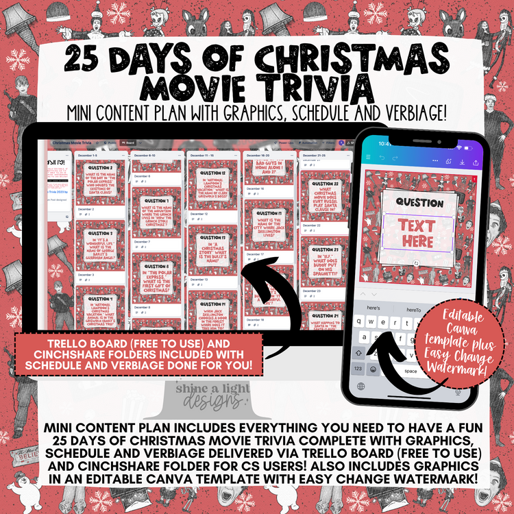 25 Days of Christmas Movie Trivia Content Plan - Graphics, Schedule + Verbiage for Any Small Business!