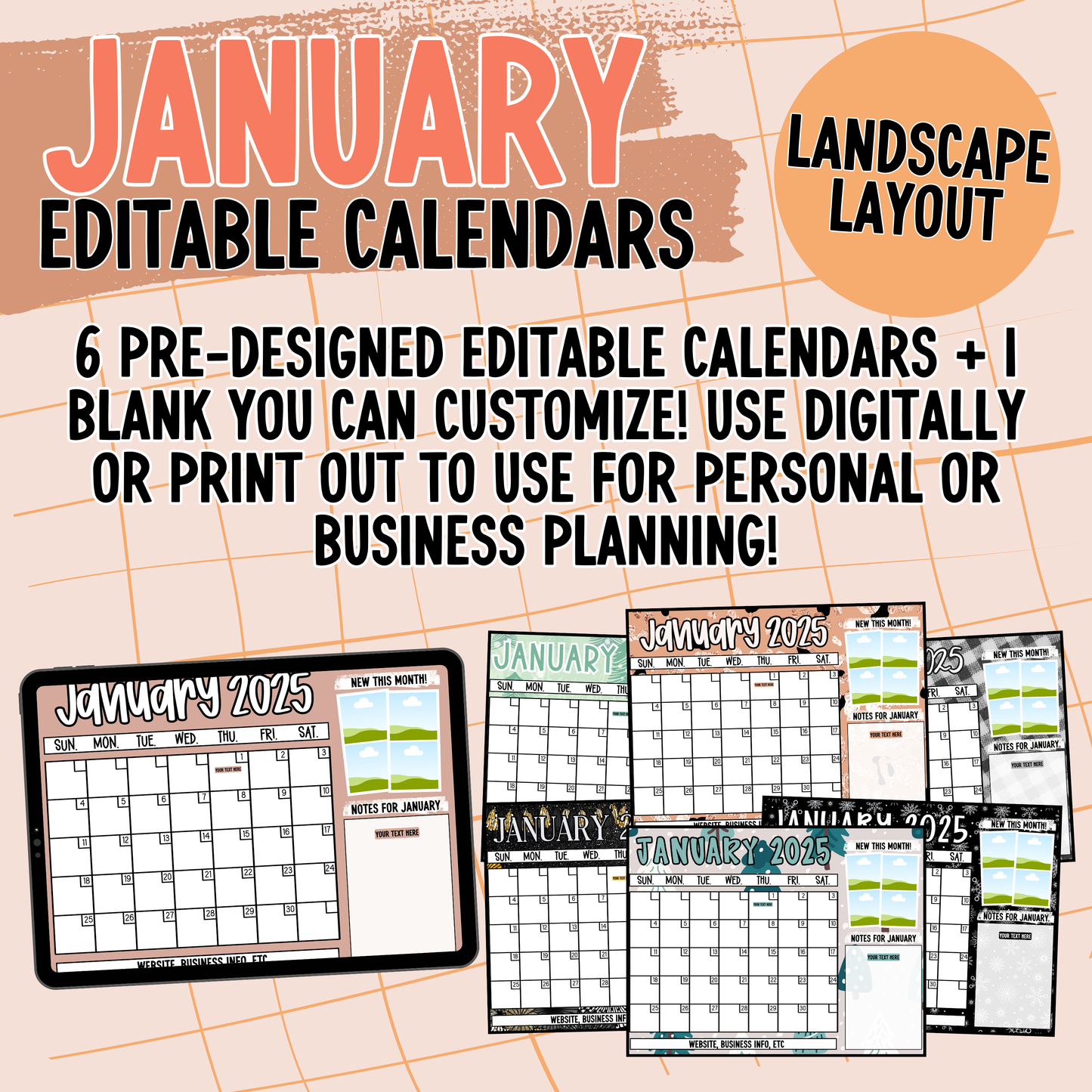 January 2025 Editable Landscape Calendars