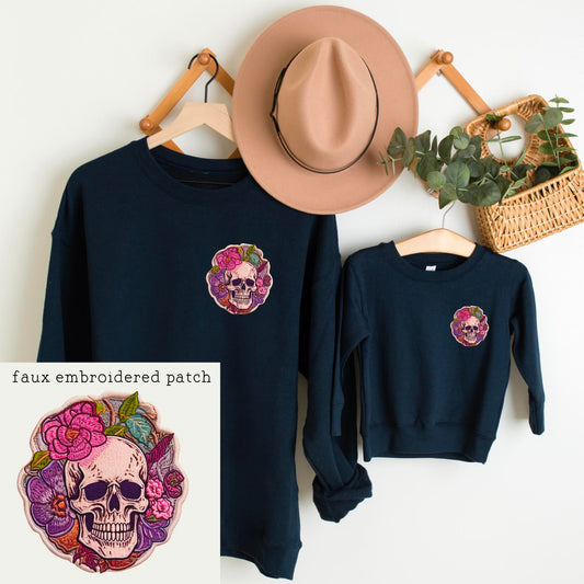 Floral Skull Faux Embroidered Patch Digital Download PNG