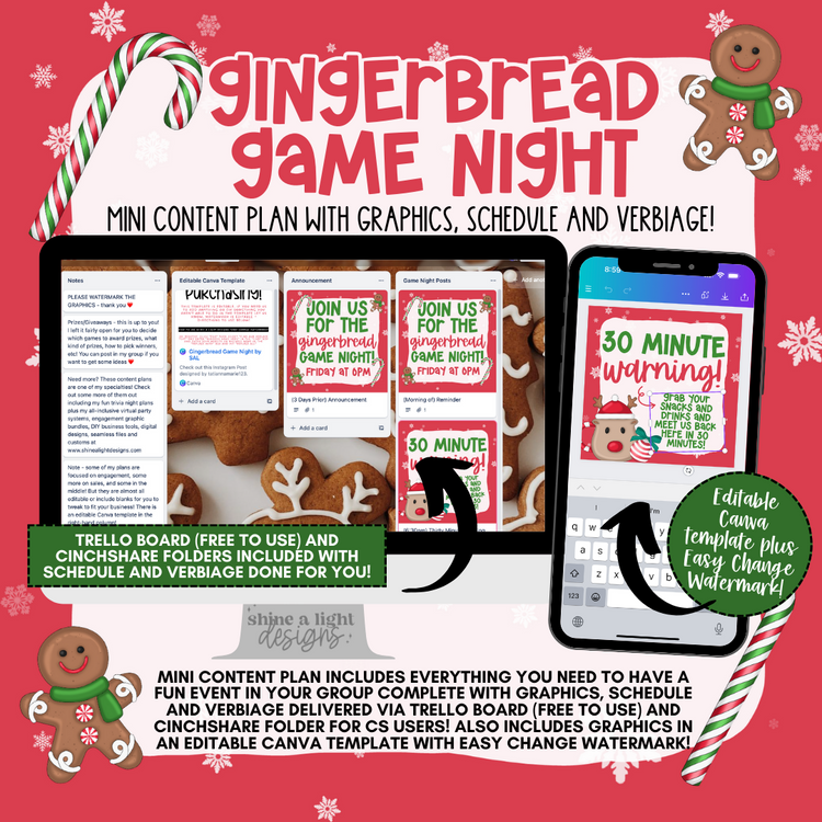 Gingerbread Game Night Content Plan - Graphics, Schedule + Verbiage for Any Small Business!