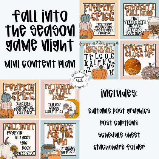 Fall Into The Season Game Night 2025 Content Plan - Graphics, Schedule + Verbiage for Any Small Business!
