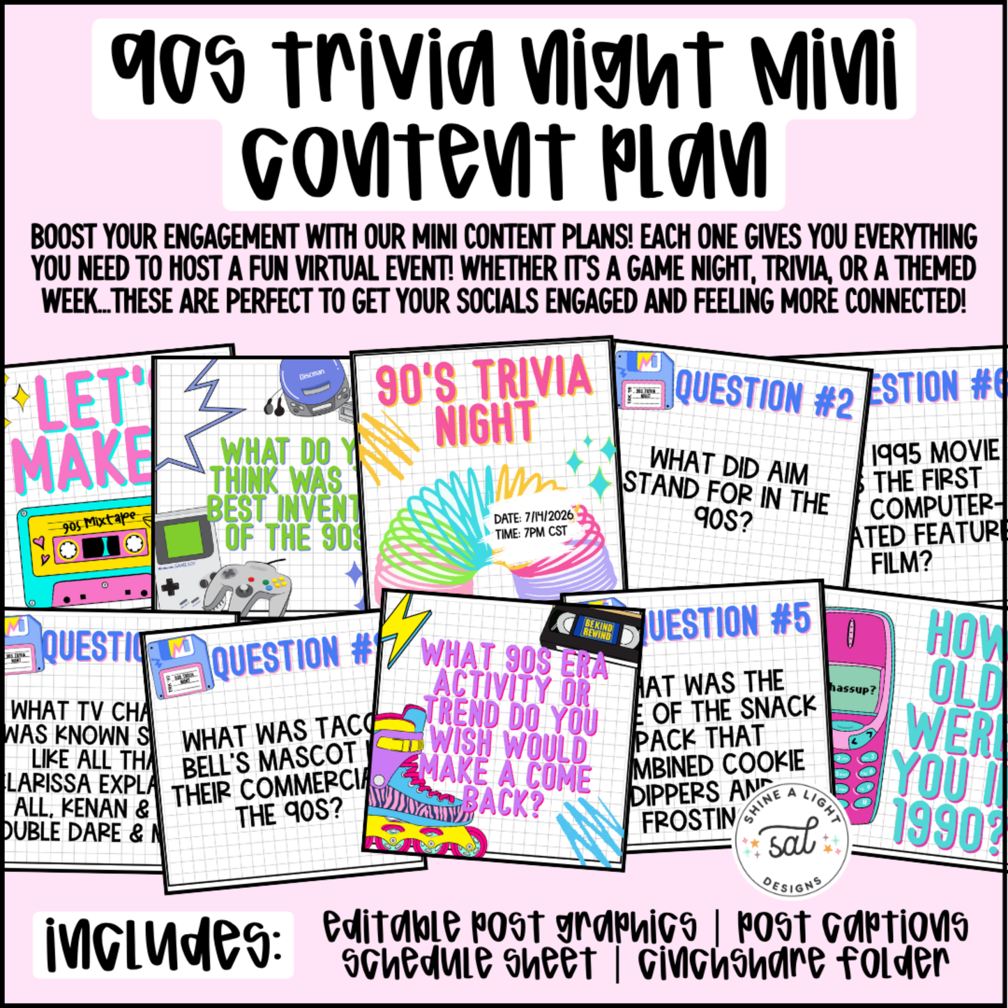 90s Trivia Night Mini Content Plan - Graphics, Schedule + Verbiage for Any Small Business!