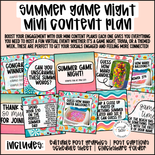 Summer Game Night Mini Content Plan - Graphics, Schedule + Verbiage for Any Small Business!