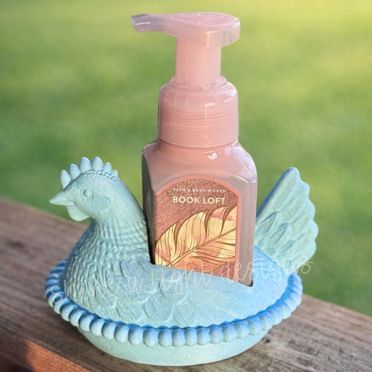 Speckled Blue Hen Soap Holder | Sitting Hen on Nest Soap Dispenser Stand | Farmhouse Chicken Soap Holder
