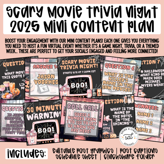 Scary Movie Trivia Night 2025 Content Plan - Graphics, Schedule + Verbiage for Any Small Business!
