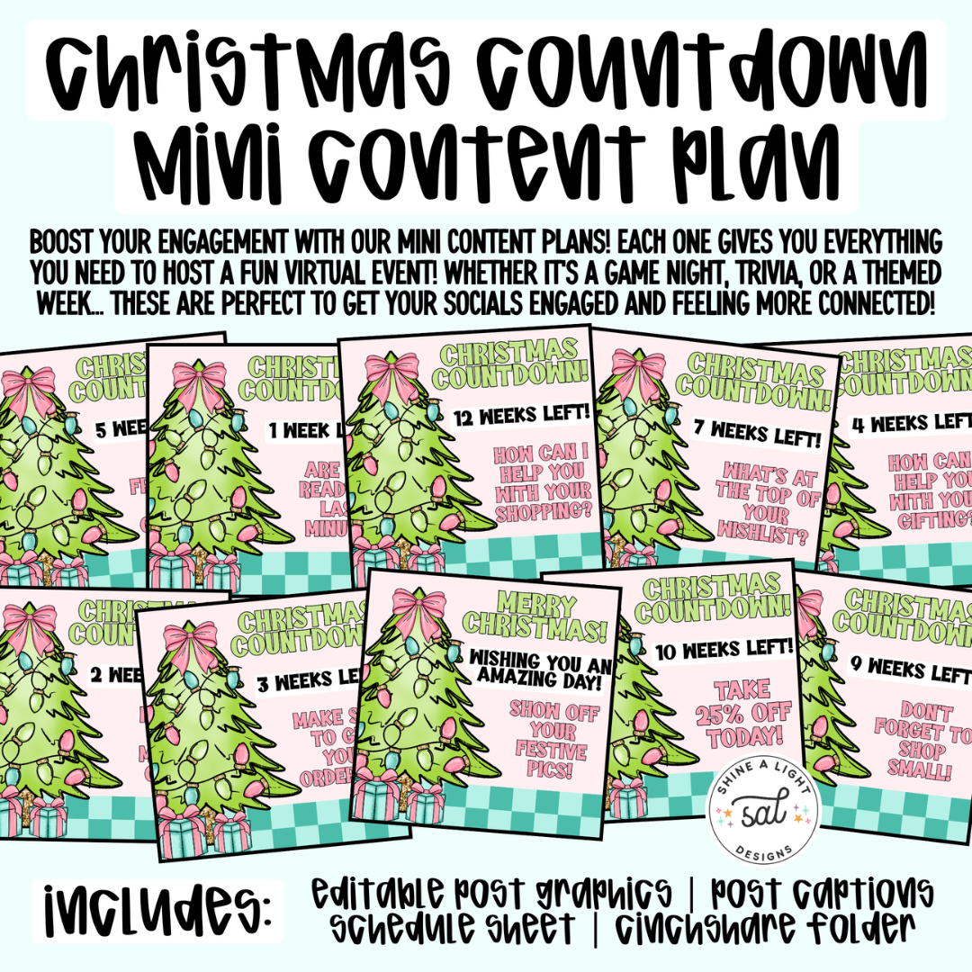 Christmas Countdown 2025 Content Plan - Graphics, Schedule + Verbiage for Any Small Business!