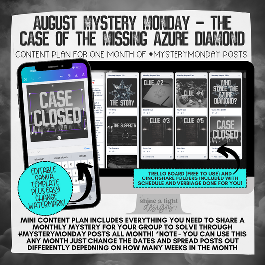 August Mystery Monday Mini Content Plan - Graphics, Schedule + Verbiage for Any Small Business!