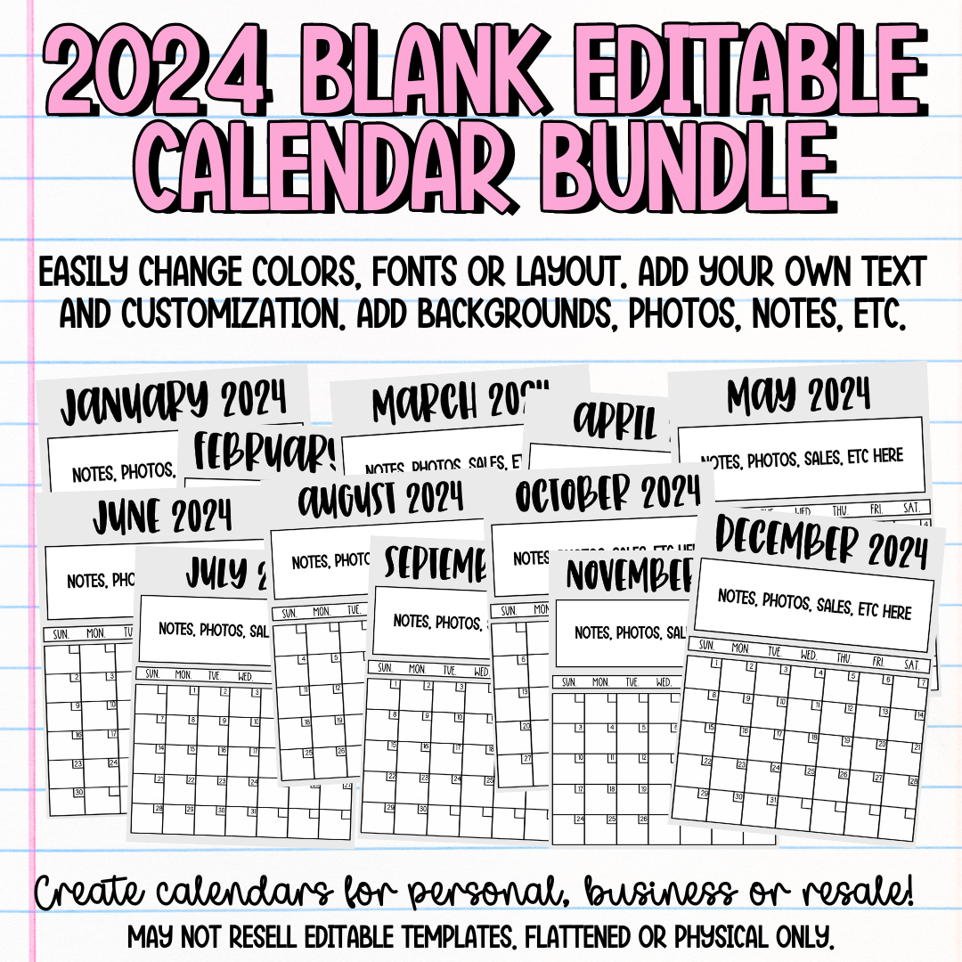 2024 Blank Editable Calendar Bundle Shine A Light Graphic Design