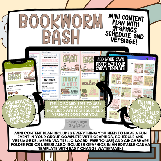 Bookworm Bash  Content Plan - Graphics, Schedule + Verbiage for Any Small Business!