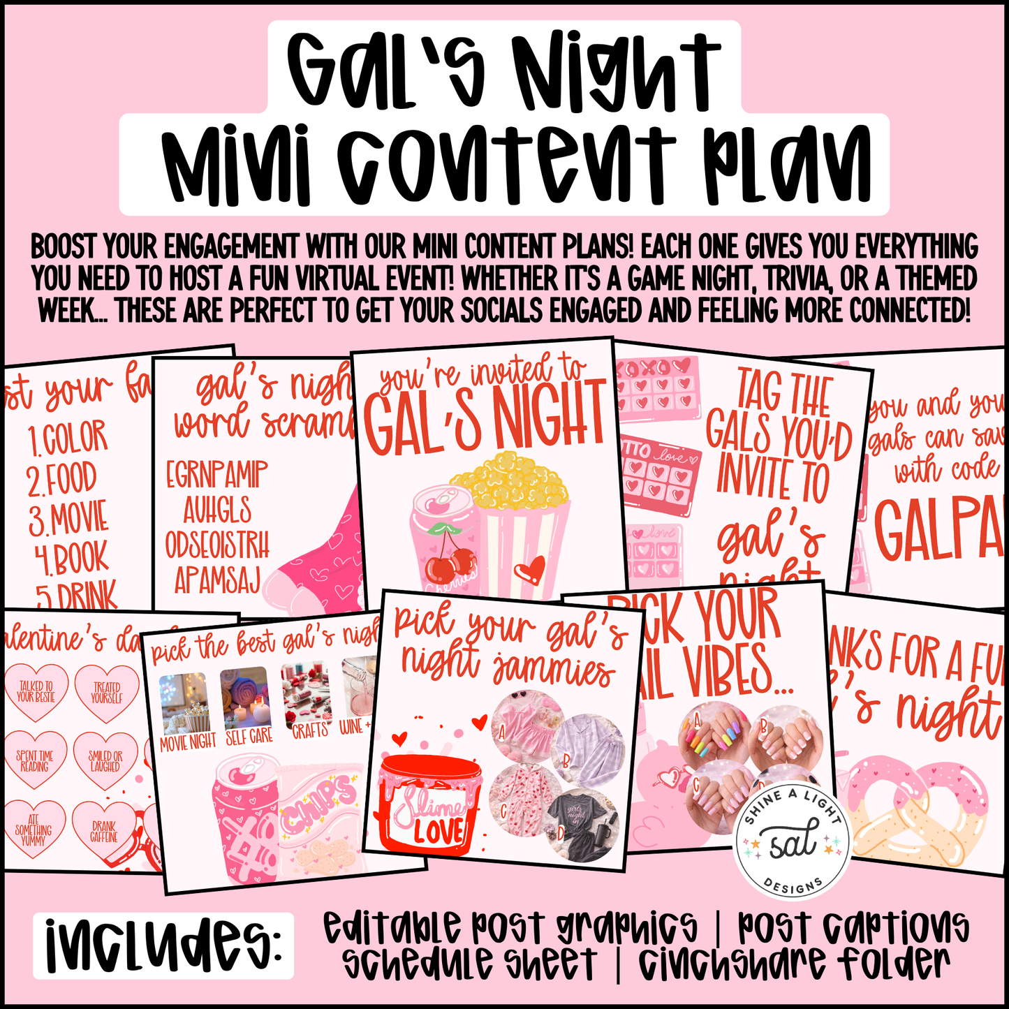 Gal's Night Mini Content Plan - Graphics, Schedule + Verbiage for Any Small Business!
