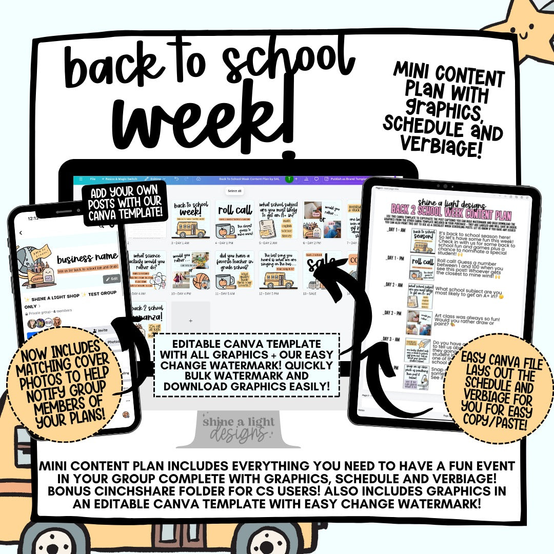 Back to school week Content Plan 2024 - Graphics, Schedule + Verbiage for Any Small Business!