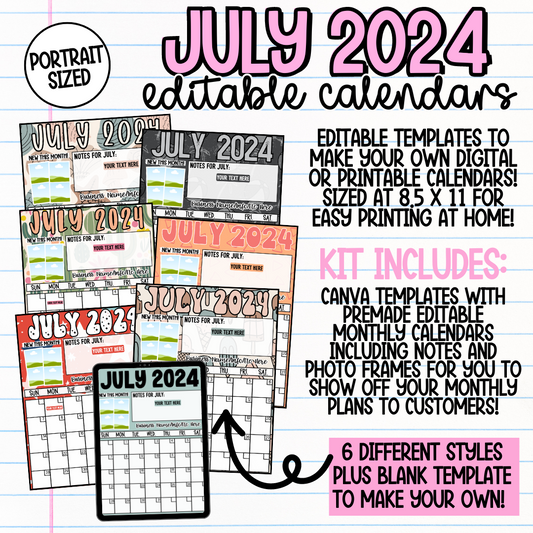 July 2024 Portrait Calendar Templates