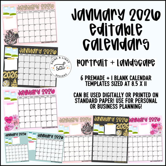 January 2026 Calendars | Editable Template for Digital or Printed Use!