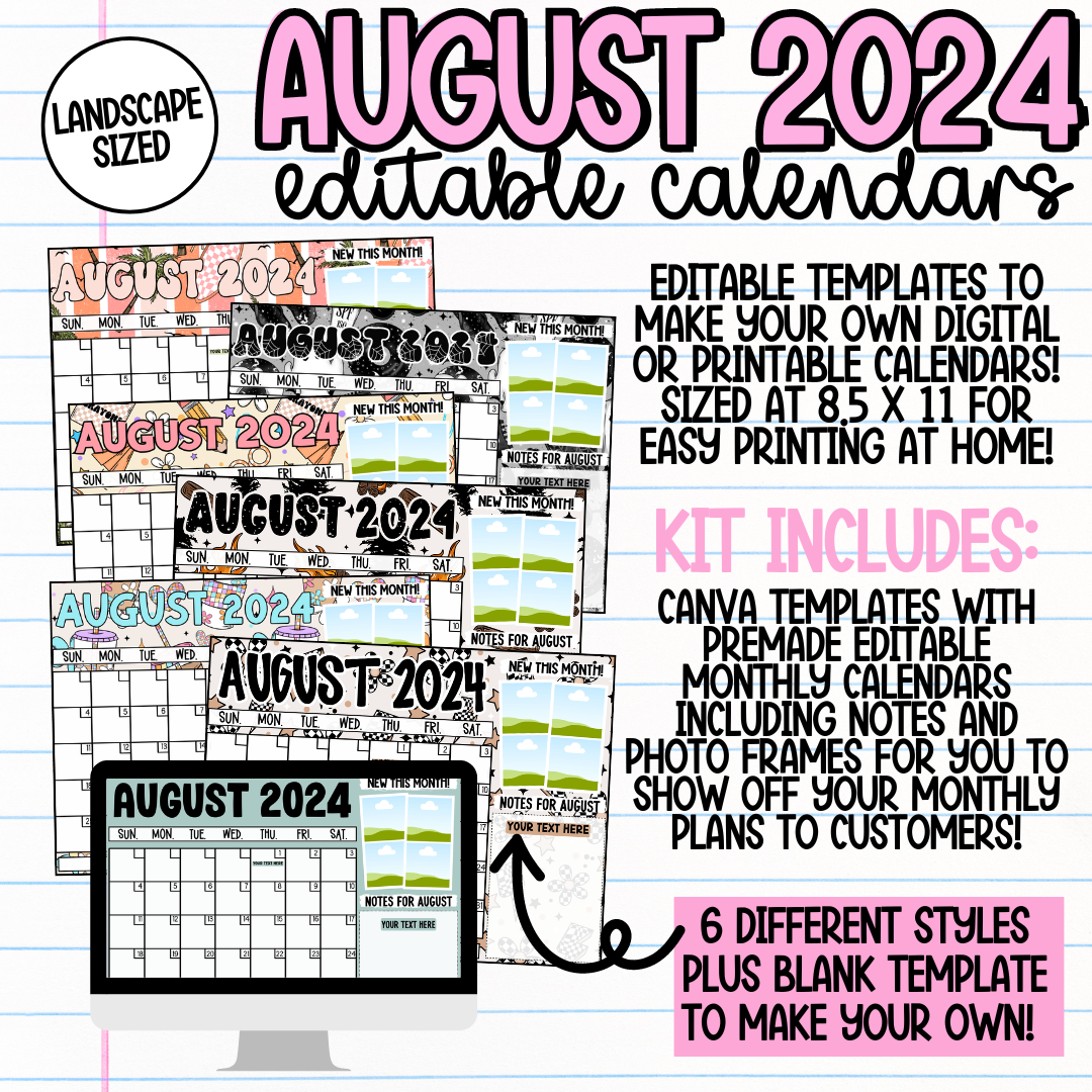 August 2024 Landscape Calendar Templates