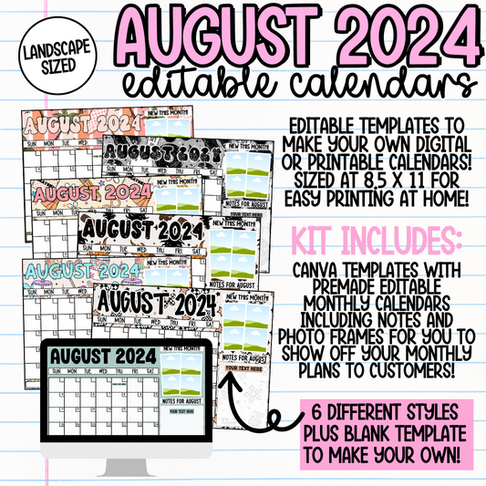 August 2024 Landscape Calendar Templates