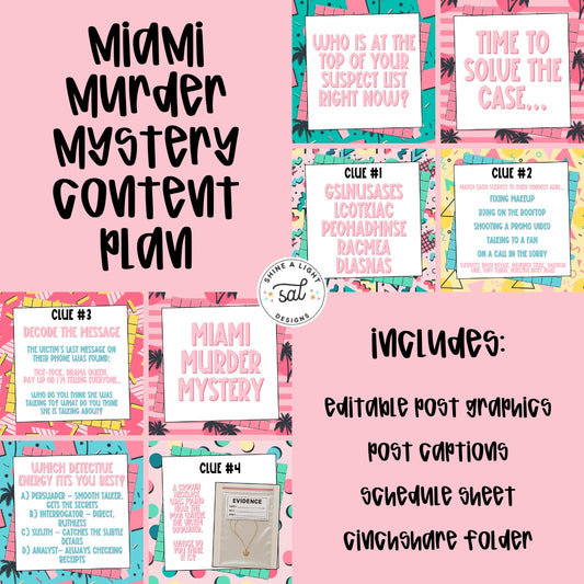 Miami Murder Mystery 2025 Content Plan - Graphics, Schedule + Verbiage for Any Small Business!