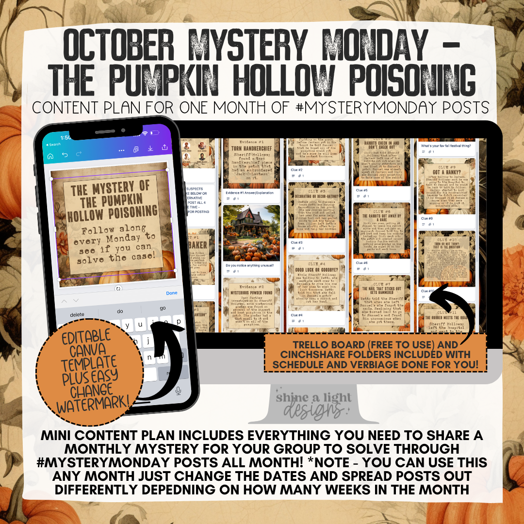 October Mystery Monday - Pumpkin Hollow Poisoning Mini Content Plan - Graphics, Schedule + Verbiage for Any Small Business!