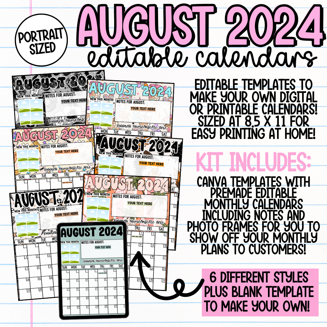 August 2024 Portrait Calendar Templates – Shine A Light Graphic Design