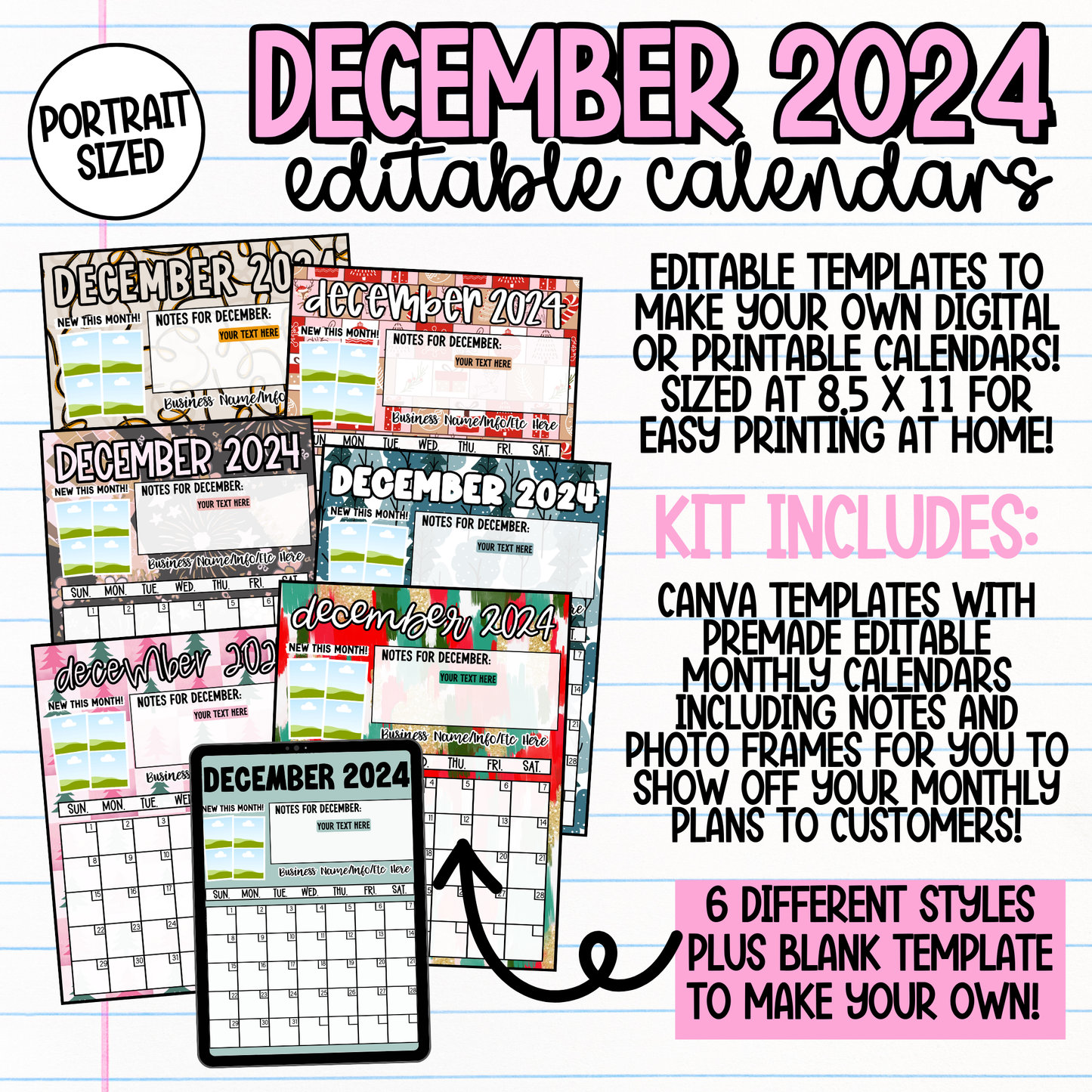 December 2024 Portrait Calendar Templates