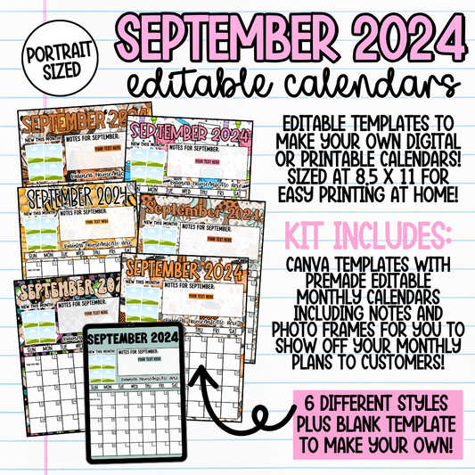 September Portrait Calendar Templates