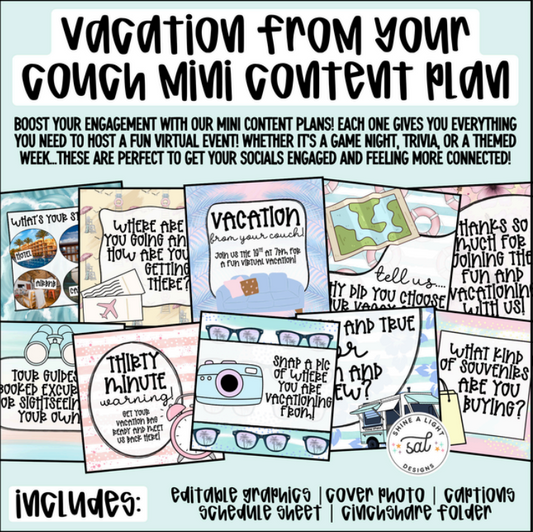 Vacation From My Couch Mini Content Plan - Graphics, Schedule + Verbiage for Any Small Business!