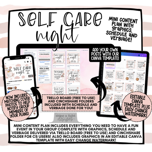 Self Care Night Content Plan - Graphics, Schedule + Verbiage for Any Small Business!