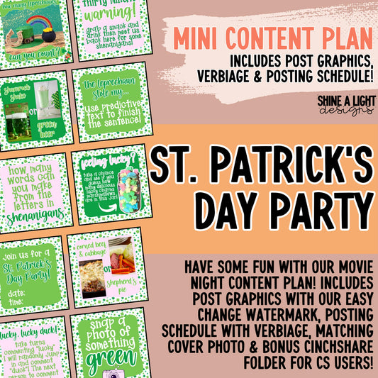 2025 St. Patricks Day Content Plan - Graphics, Schedule + Verbiage for Any Small Business! (Copy)