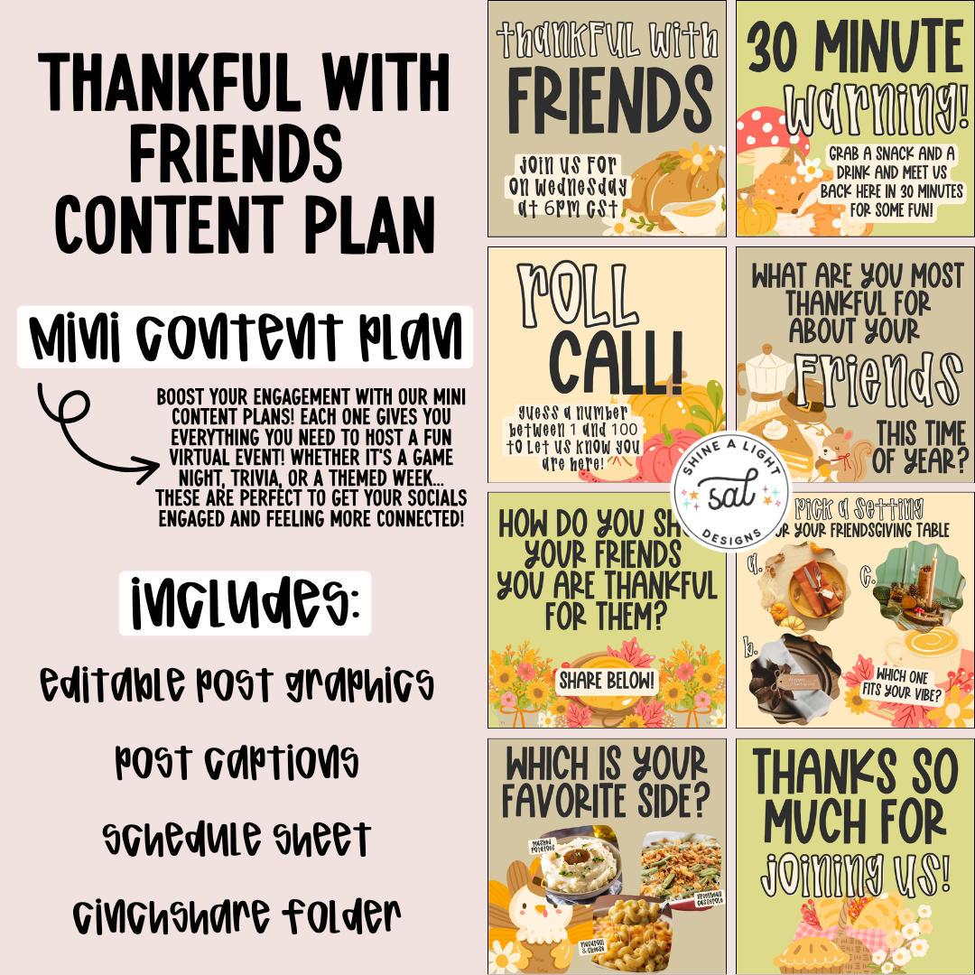 Thankful With Friends Content Plan - Graphics, Schedule + Verbiage for Any Small Business!